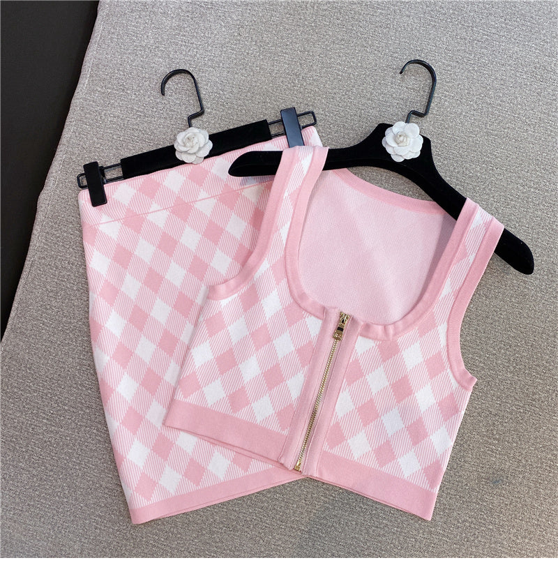 Spring New Sleeveless Square Neck Tank Tops Short Mini Skirt Pink Plaid Knitted Two Piece Set Women Outfits