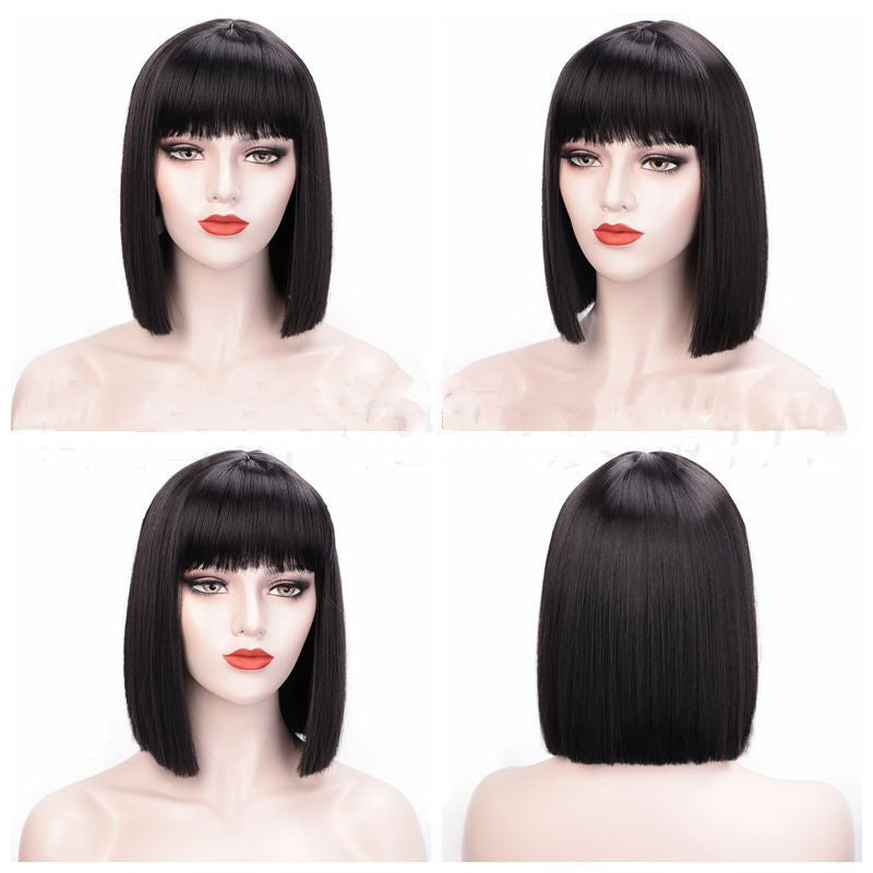 Full Lace Straight Hair Shoulder Length Short Bob Wigs For Women With Bangs - Ombre Gray 12Inches