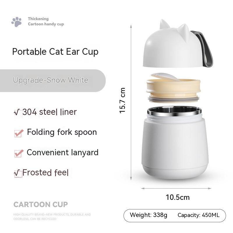 304 Stainless Steel Cartoon Cat Ear Insulation Soup Cups With Cover Spoon