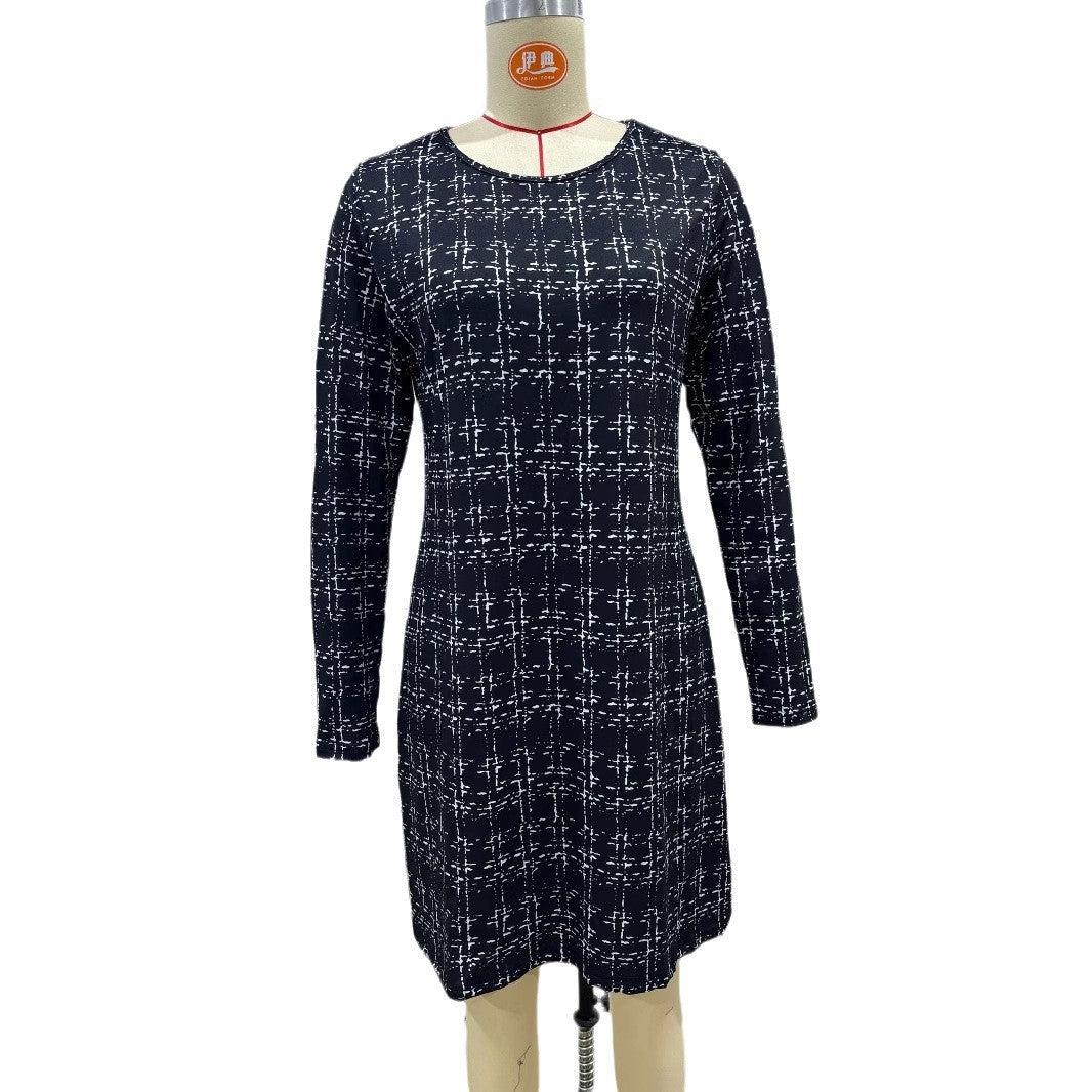 Elegant Plaid Crew Neck Women's Long Sleeve Knitted Dress