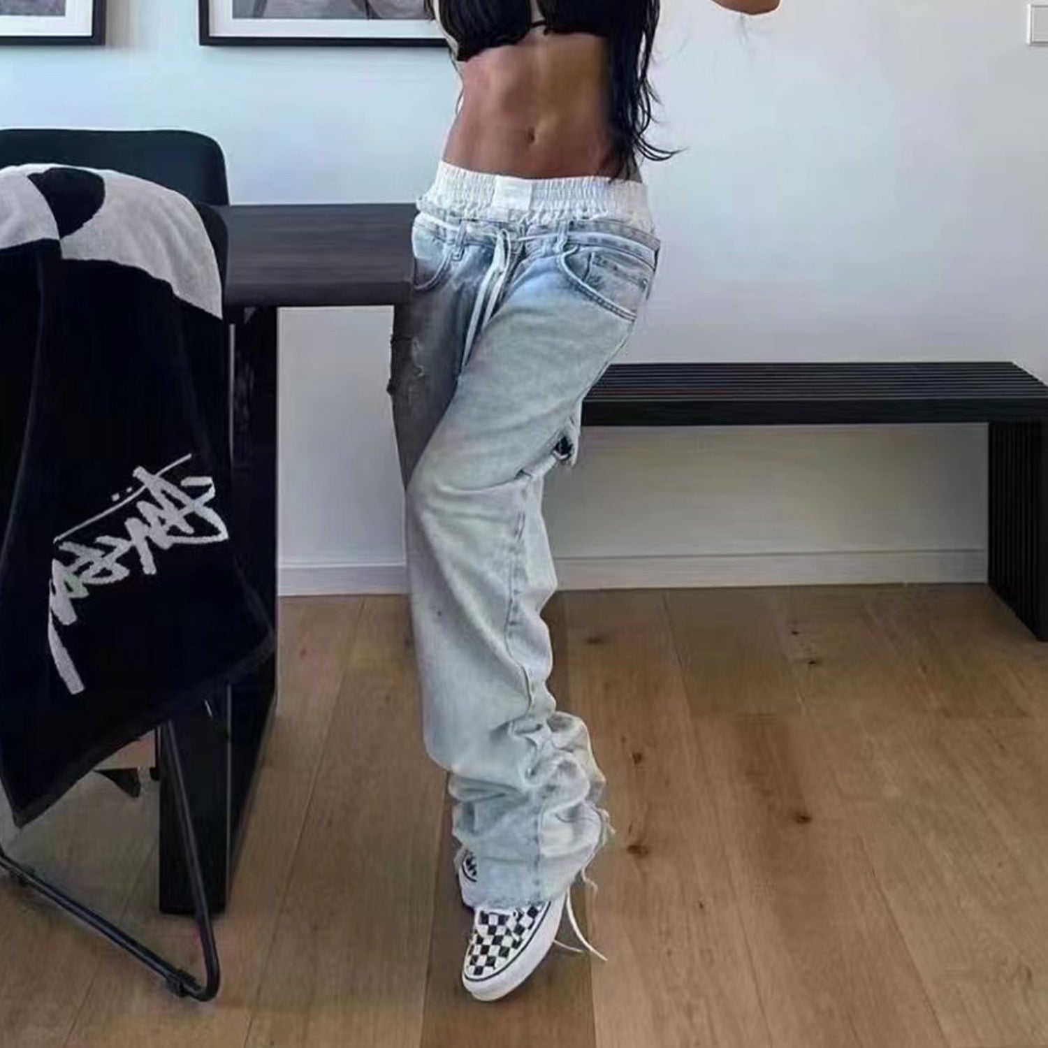 Men's And Women's Patchwork Frayed Straight-leg Jeans