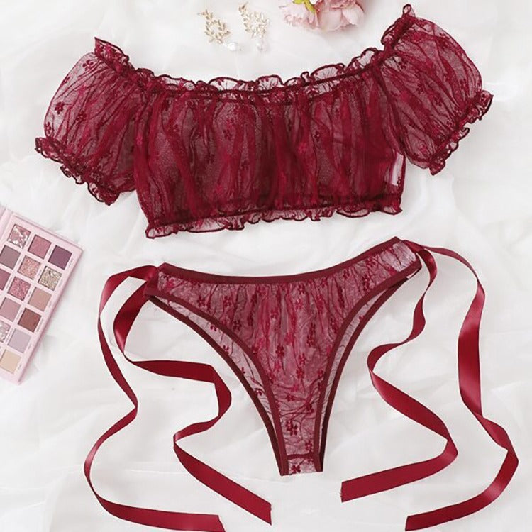 European And American Off-shoulder Tube Top Sexy Underwear Lace Pure Desire Bra Panties Two Pieces See-through Suit