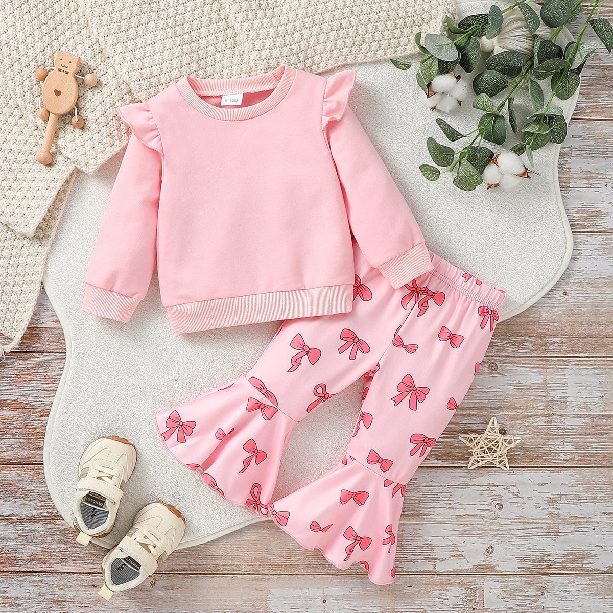 Two-piece Girls' Long Sleeve Flounced Sleeve Sweater Printed Bow Flared Pants Suit