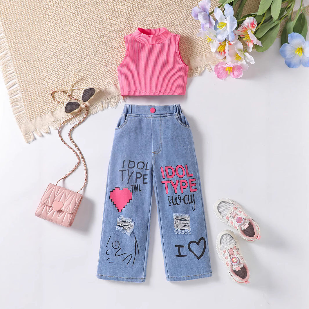 New Girls' Solid Color Sleeveless Vest Letters