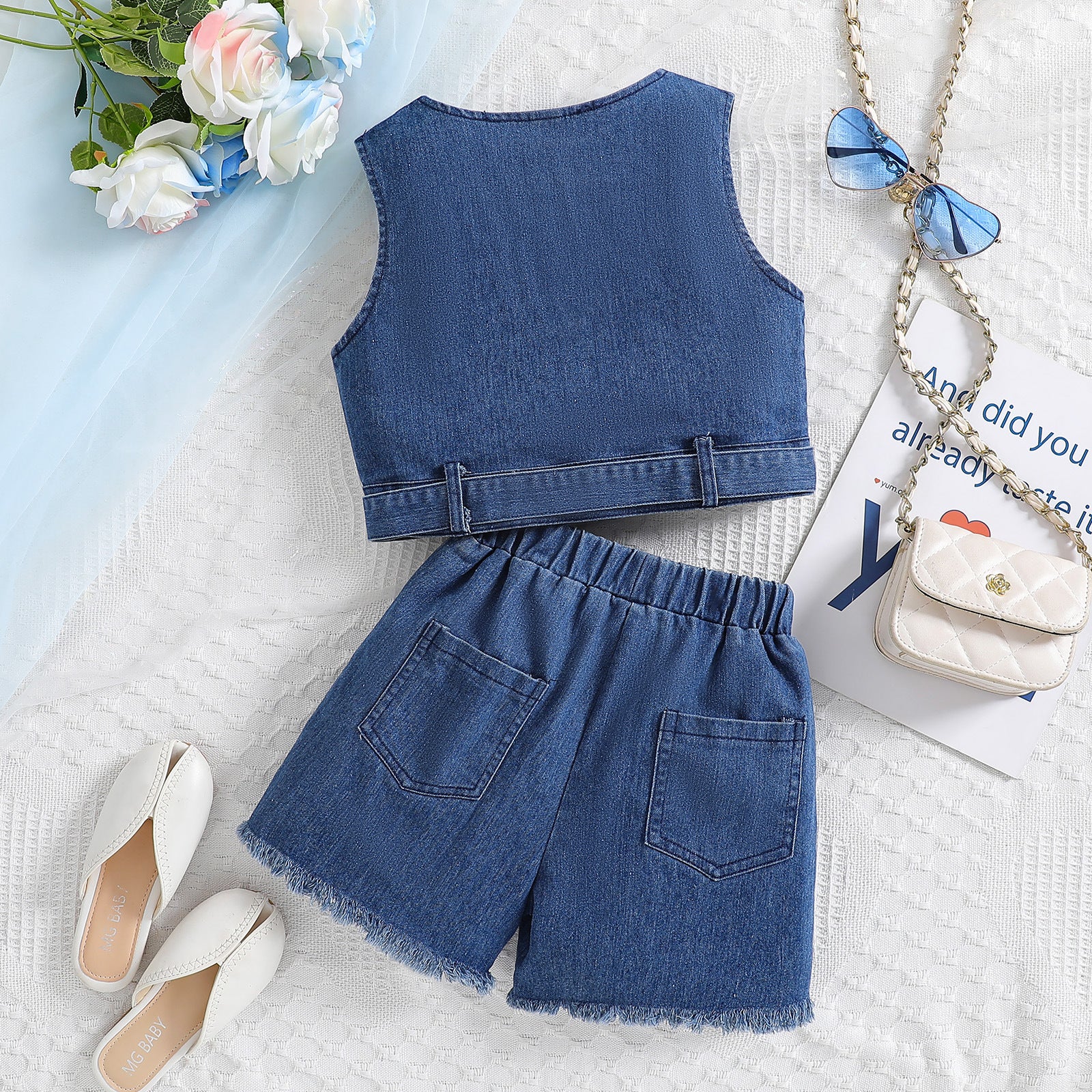 Girls' Denim Suit Vest And Bow Culottes Two-piece Set