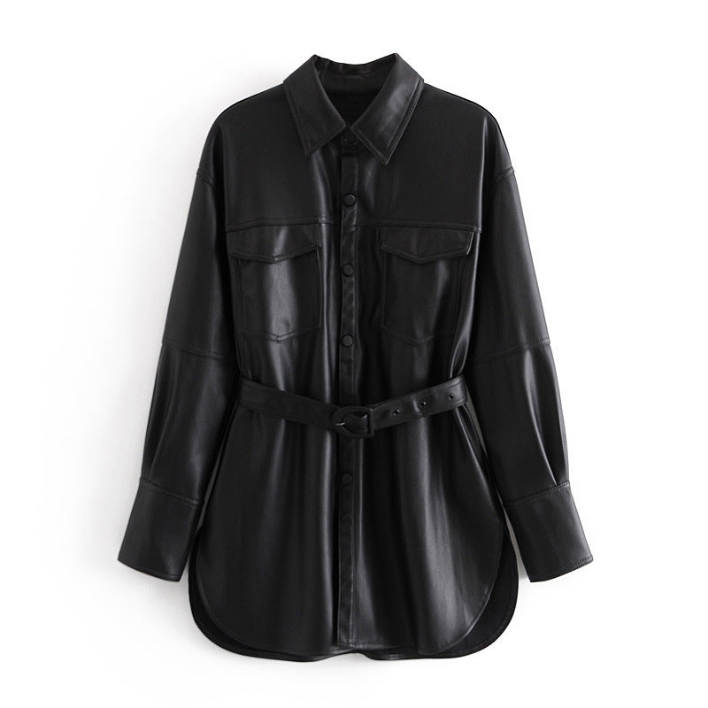 Women's Mid-Length Tunic Leather Shirt Jacket
