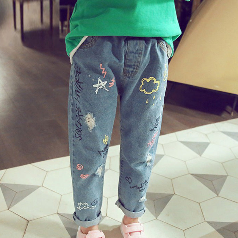 Children's Cartoon Cat Embroidery Washed Denim Trousers