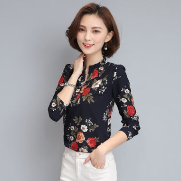 Printed shirt V-neck top Slim long-sleeved chiffon shirt