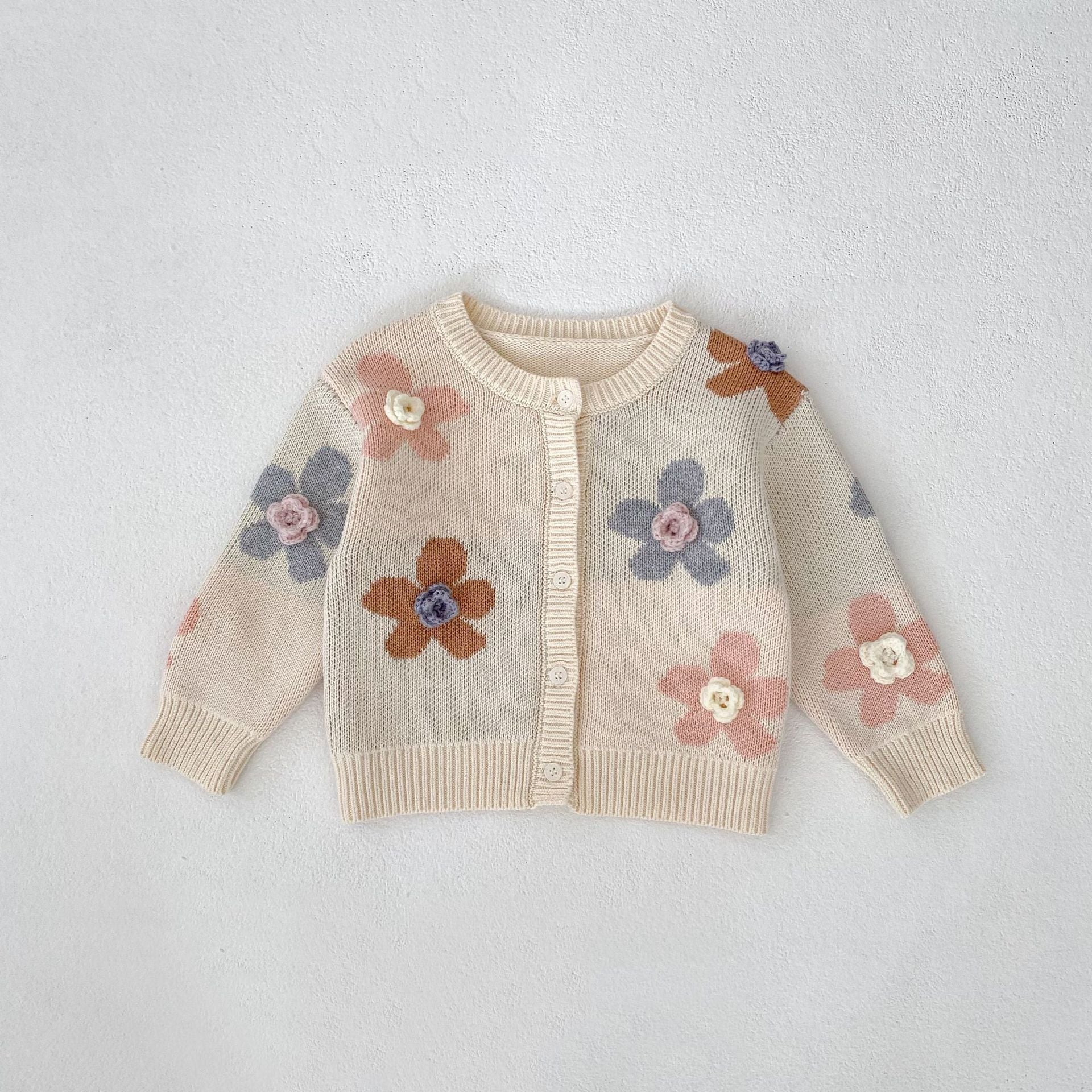 Hand Crocheting Flower Jacquard Round Neck Cardigan Knitted Coat