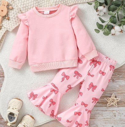 Two-piece Girls' Long Sleeve Flounced Sleeve Sweater Printed Bow Flared Pants Suit