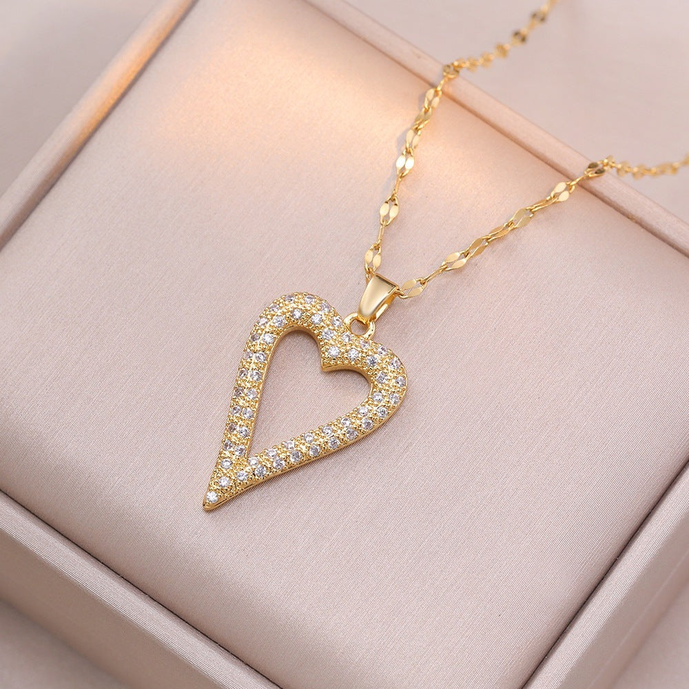 Korean Style Heart-shaped Full Of Diamond Micro-inlaid Design Peach Heart Graceful And Fashionable Necklace