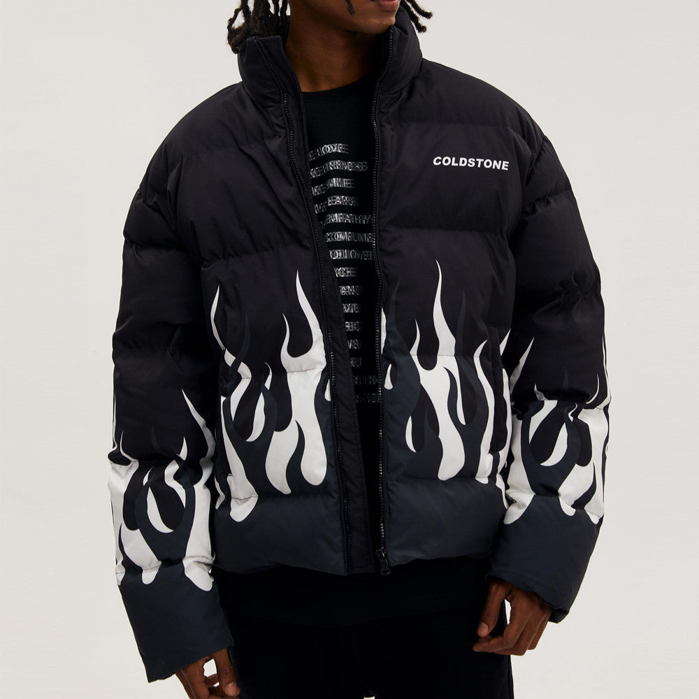 Black And White Flame Short Cotton Padded Clothes Coat Thermal And Windproof Couple Jacket