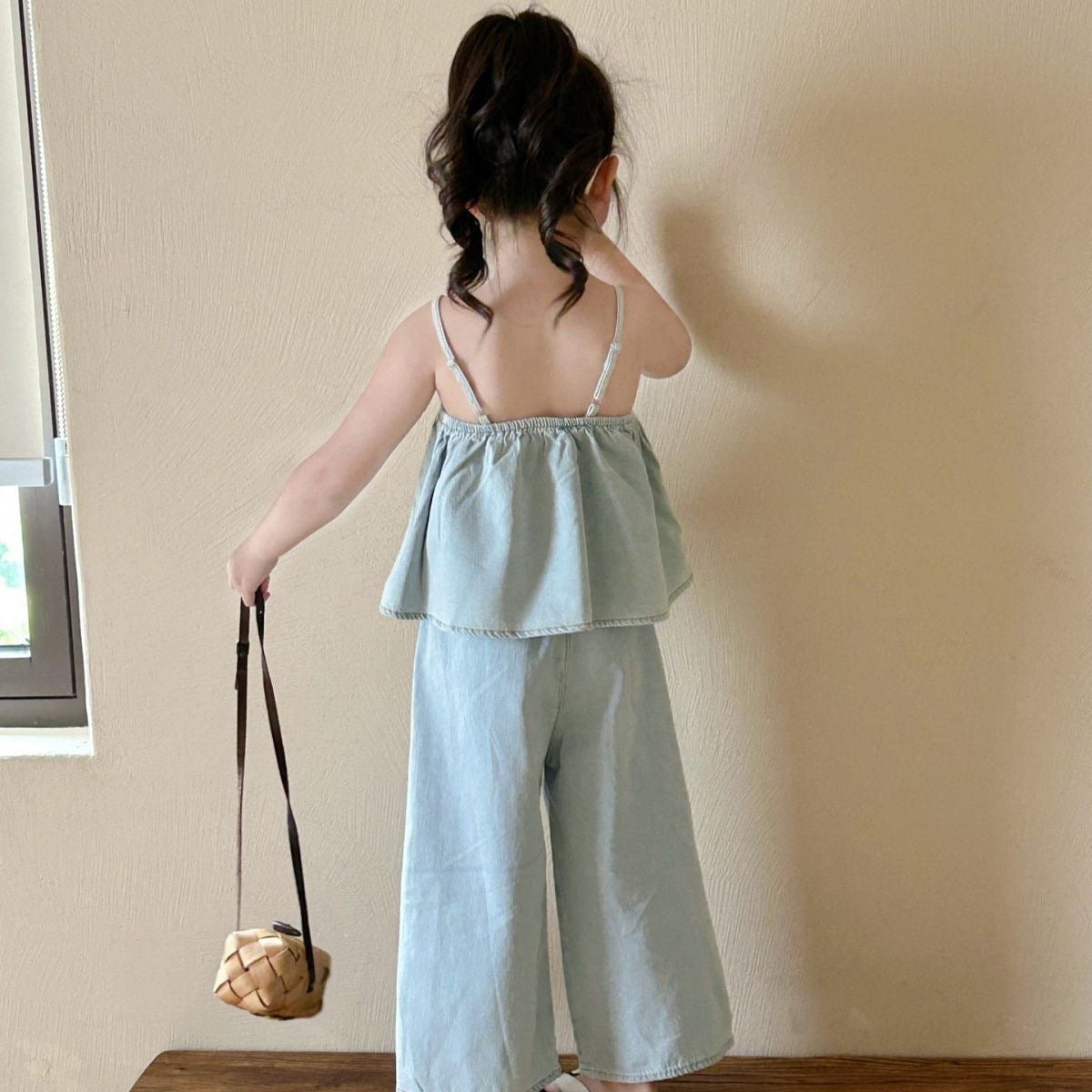 Girls' Embroidered Strap Vest Denim Straight-leg Pants Two-piece Set