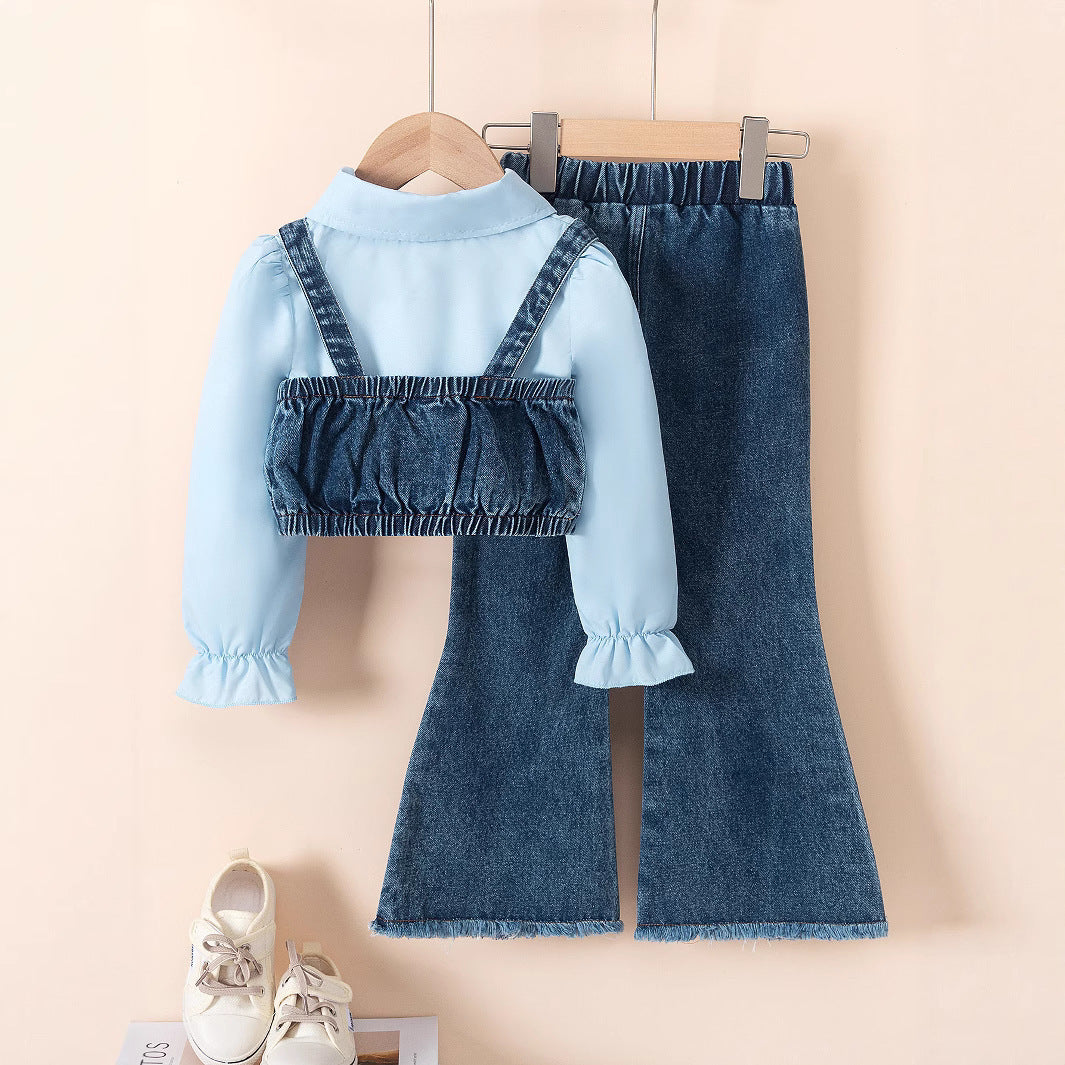 Girls' Lapel Shirt Denim Bell-bottom Pants Three-piece Suit