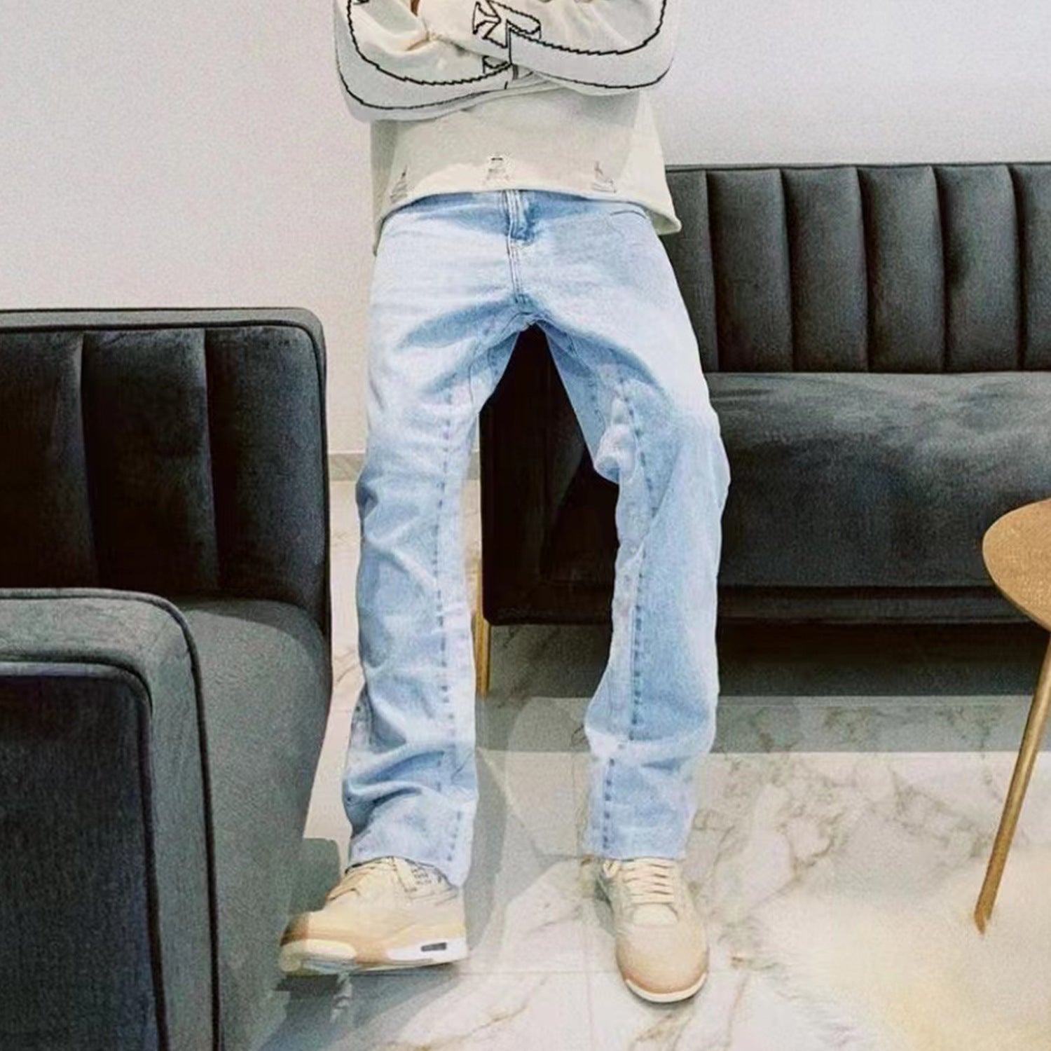 Men's And Women's Patchwork Frayed Straight-leg Jeans