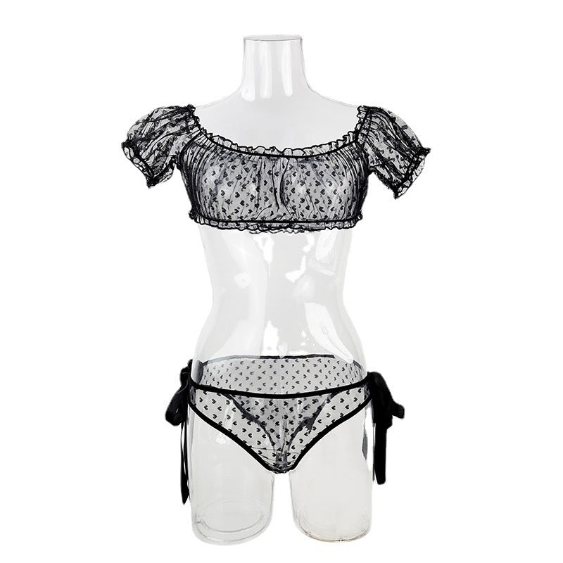 European And American Off-shoulder Tube Top Sexy Underwear Lace Pure Desire Bra Panties Two Pieces See-through Suit