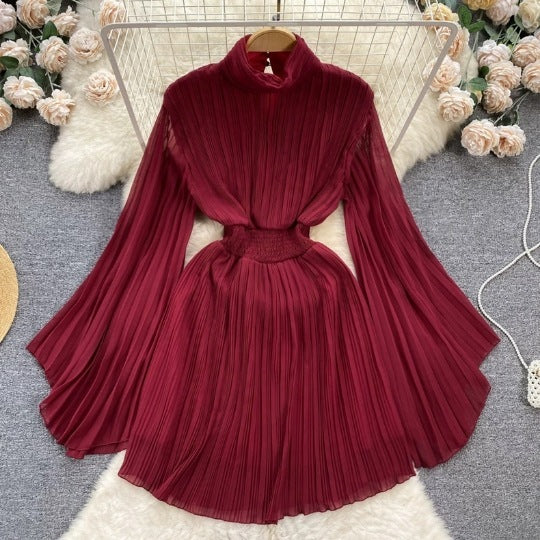 Spring And Autumn Pleated Bell Sleeve Turtleneck Dress