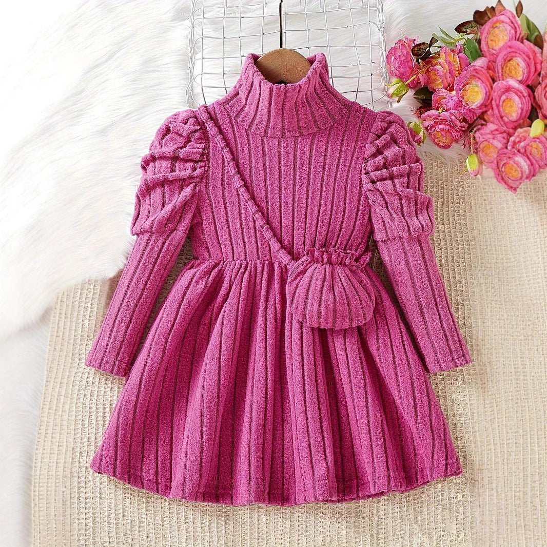 Girls' Fashionable Warm Fleece Rib Dress