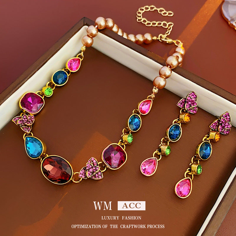 Retro High-grade French Color Diamond Water Drop Flower Earrings