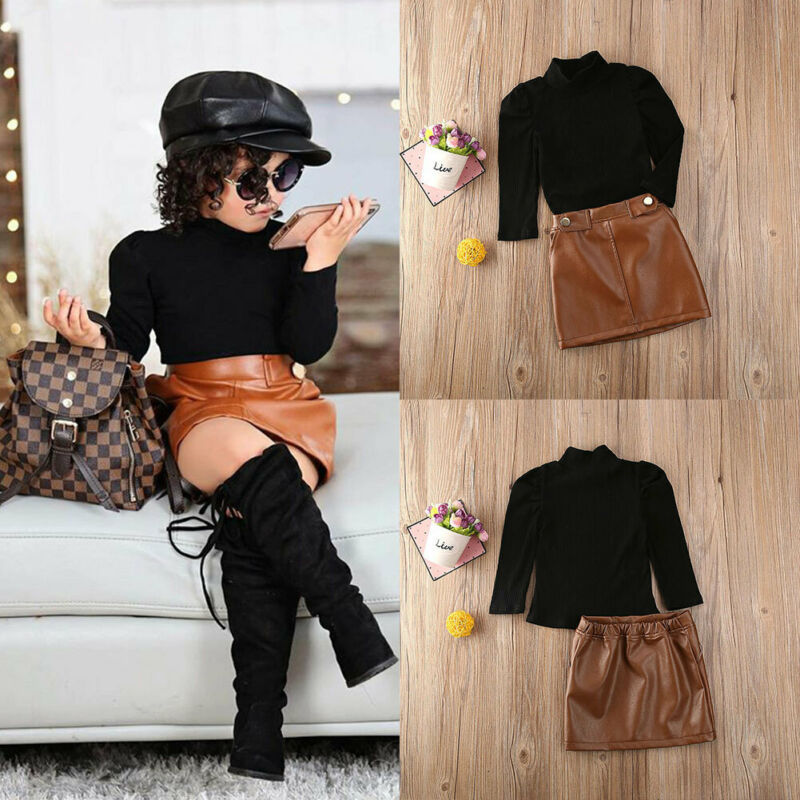 Two-piece girl's long-sleeved blouse with button pocket leather skirt