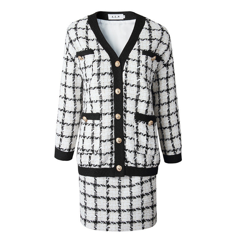 Women's Fashion Plaid Jacket Short Skirt Set
