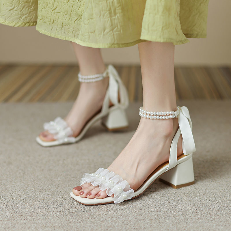 Women's Chunky Heel Pearl Ribbon Sandals