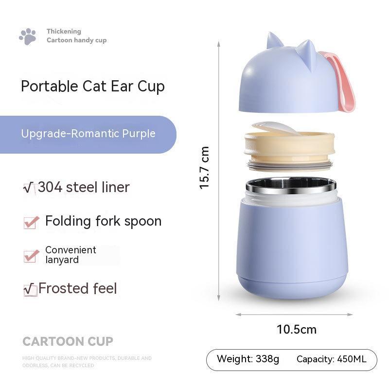 304 Stainless Steel Cartoon Cat Ear Insulation Soup Cups With Cover Spoon