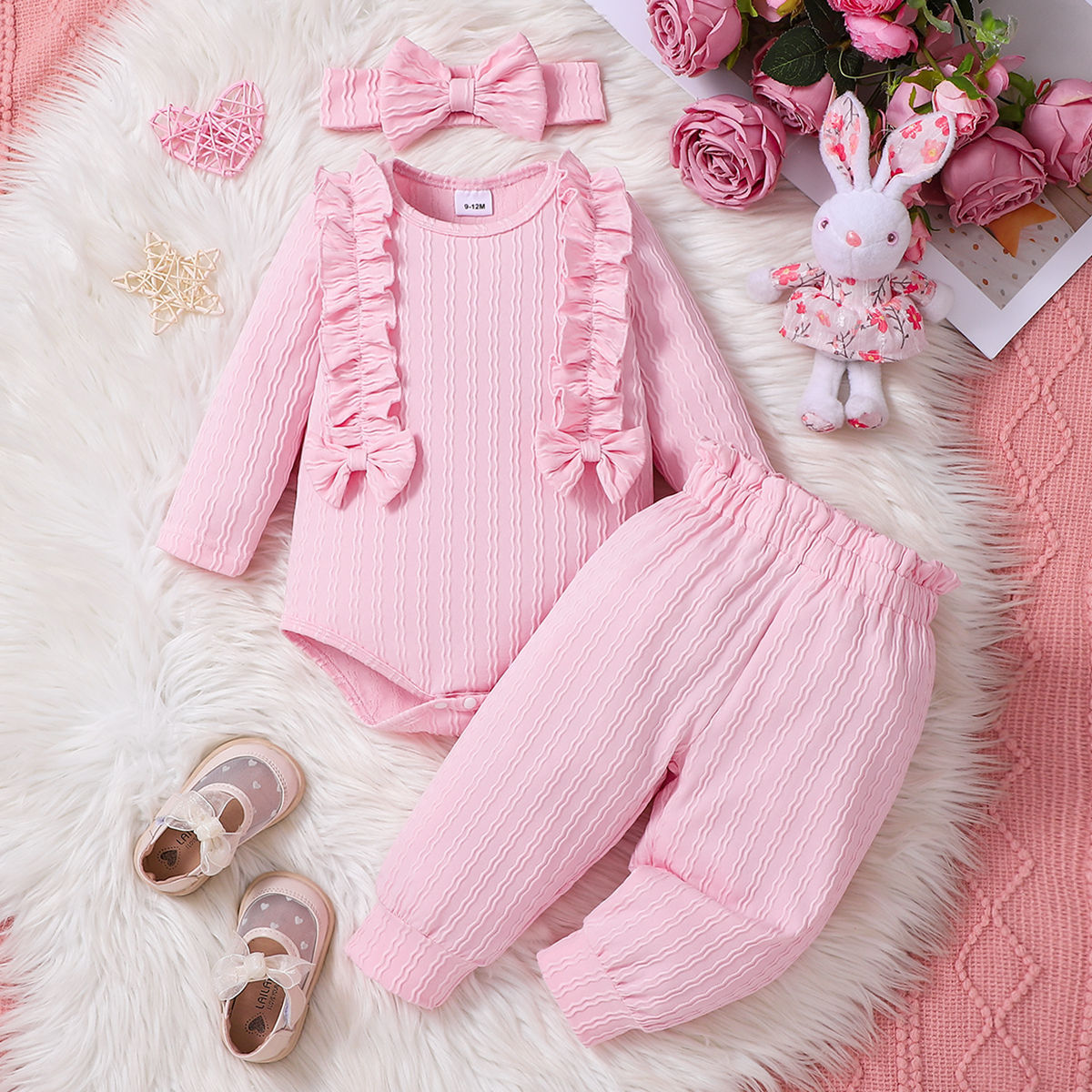 3 Piece Set Ribbed Frill Long Sleeve Romper And Pants Suit With Headscarf