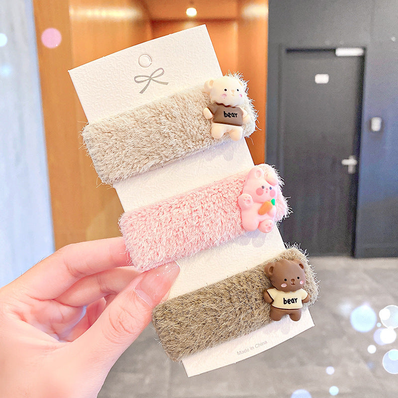 Children Cartoon Plush Bear Hairpin 3 Sets