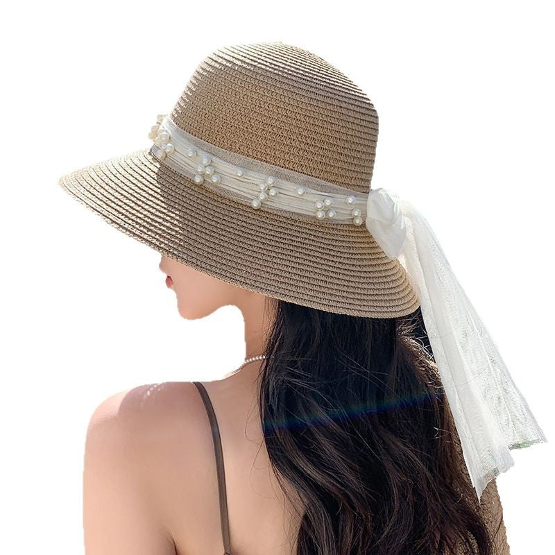 Lace Bow Pearl Big Brim Face-looking Sun-proof And Breathable Sun Fisherman Hat