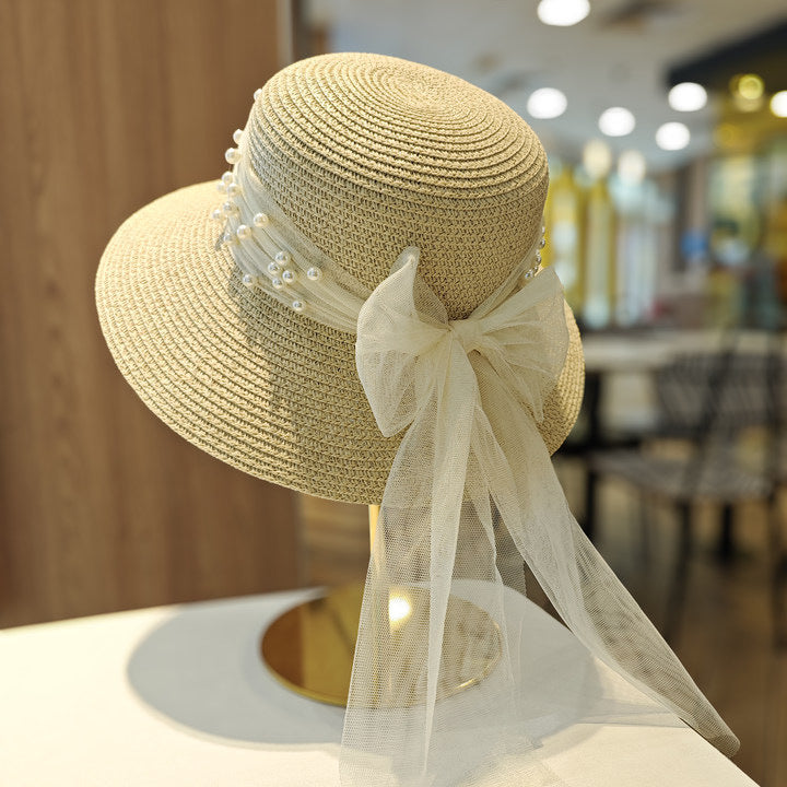 Lace Bow Pearl Big Brim Face-looking Sun-proof And Breathable Sun Fisherman Hat