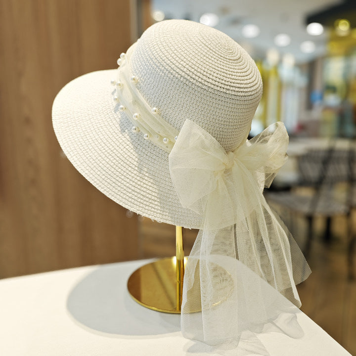 Lace Bow Pearl Big Brim Face-looking Sun-proof And Breathable Sun Fisherman Hat