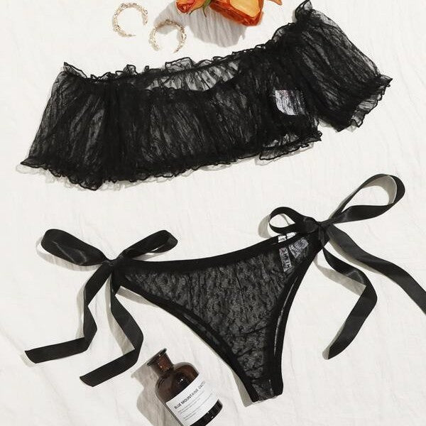 European And American Off-shoulder Tube Top Sexy Underwear Lace Pure Desire Bra Panties Two Pieces See-through Suit