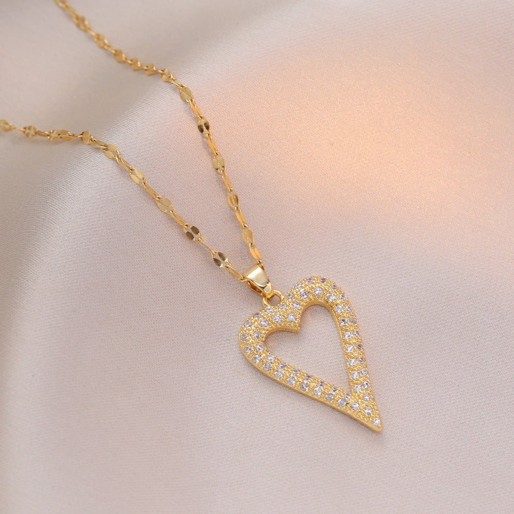 Korean Style Heart-shaped Full Of Diamond Micro-inlaid Design Peach Heart Graceful And Fashionable Necklace