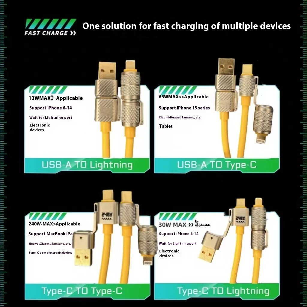 120W Zinc Alloy Fast Charging Four-in-one Charging Multi-function Switching Interface Double Typec Bold Silicone Data Cable