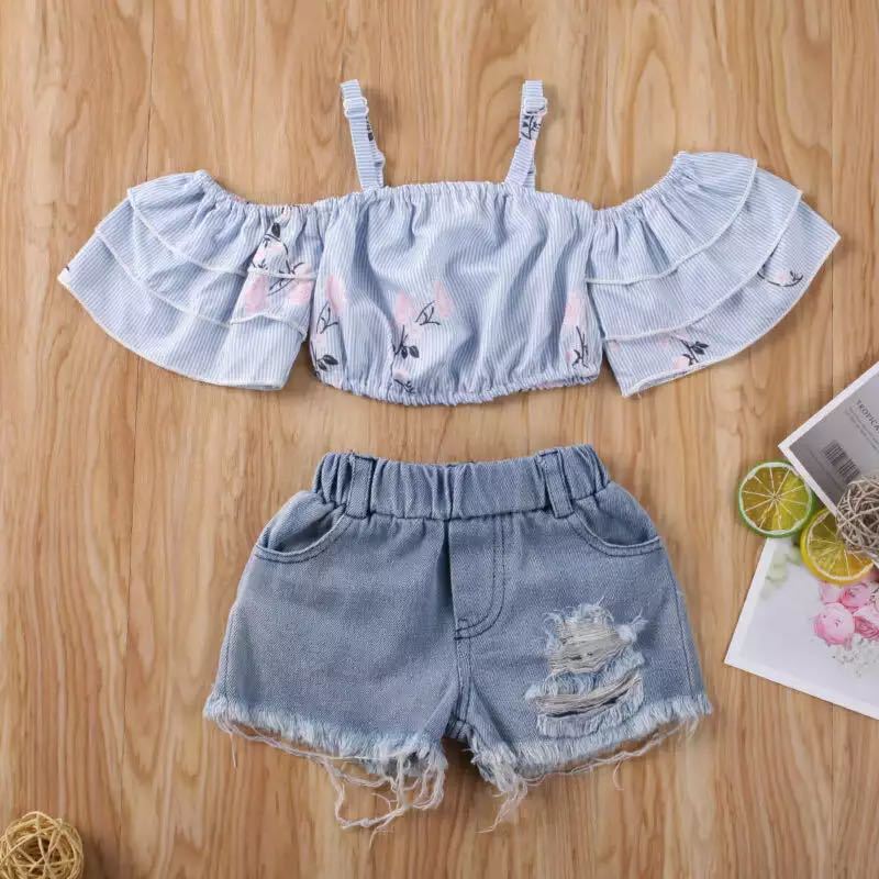 Children's Light Purple Printed Suspender Denim Shorts Suit
