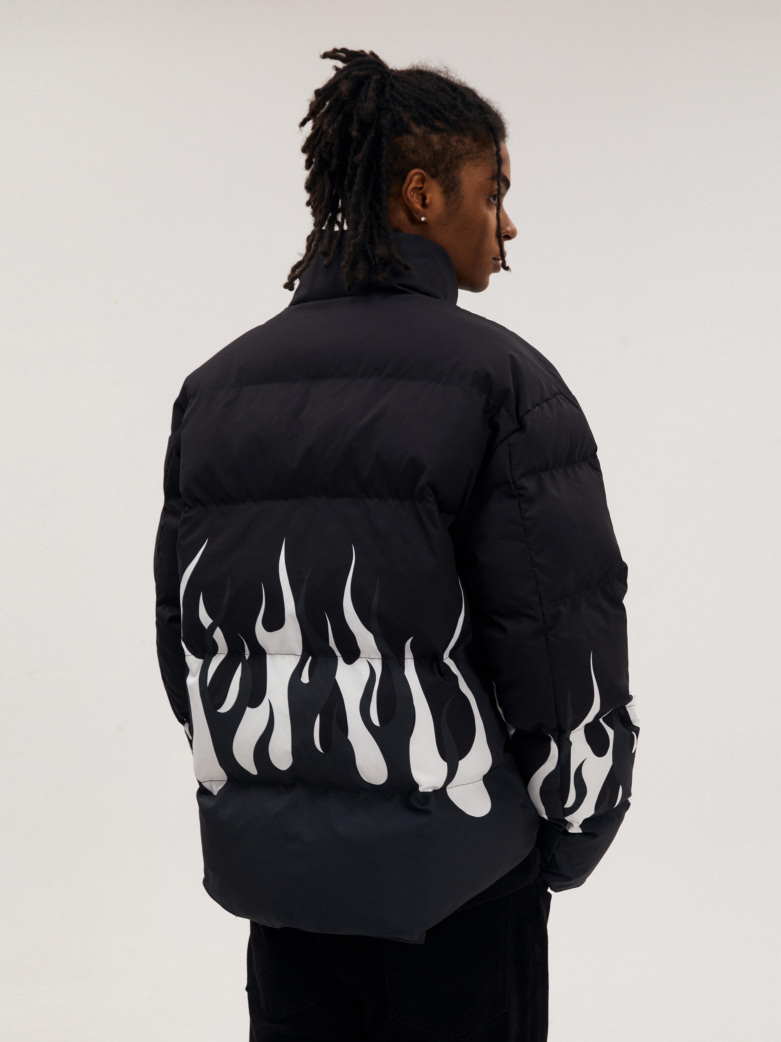 Black And White Flame Short Cotton Padded Clothes Coat Thermal And Windproof Couple Jacket