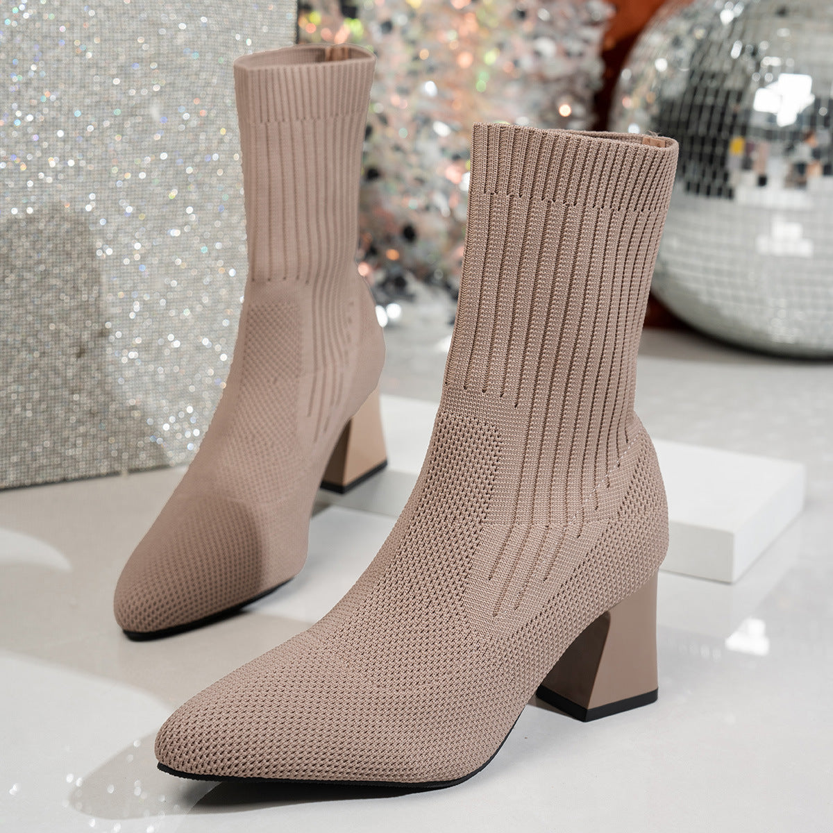Chunky Heel Pointed Toe Stretch Socks Single Layer Boots