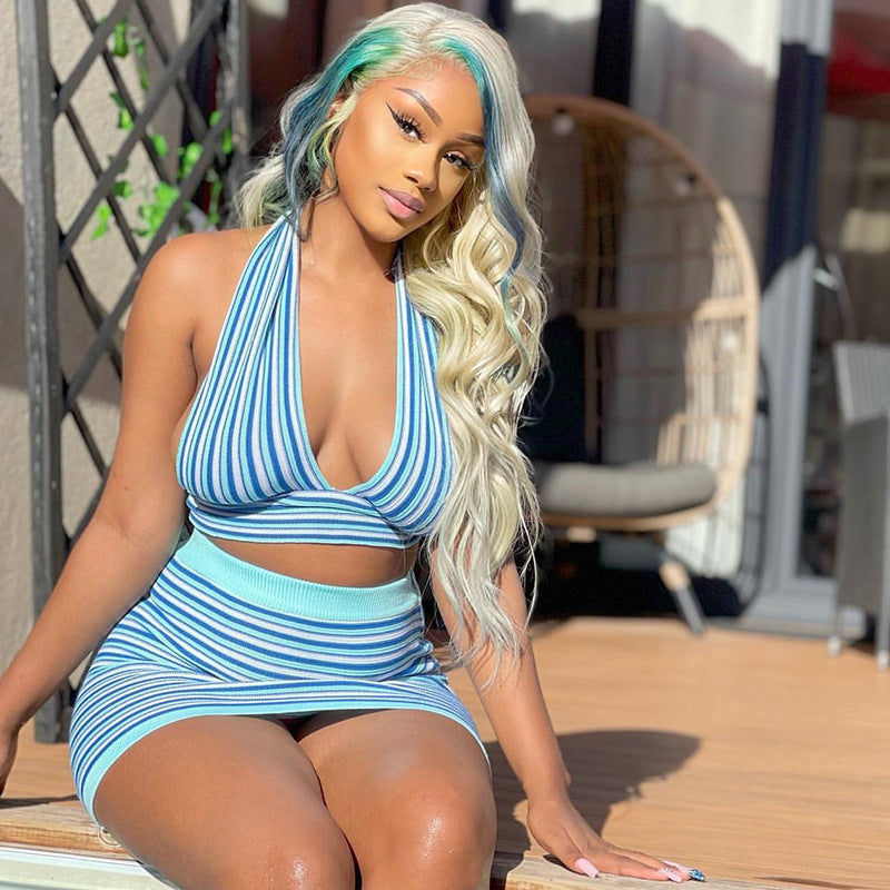 Celebrity Private Dress Printed Neck V-neck Top Mini Skirt Two-piece Set