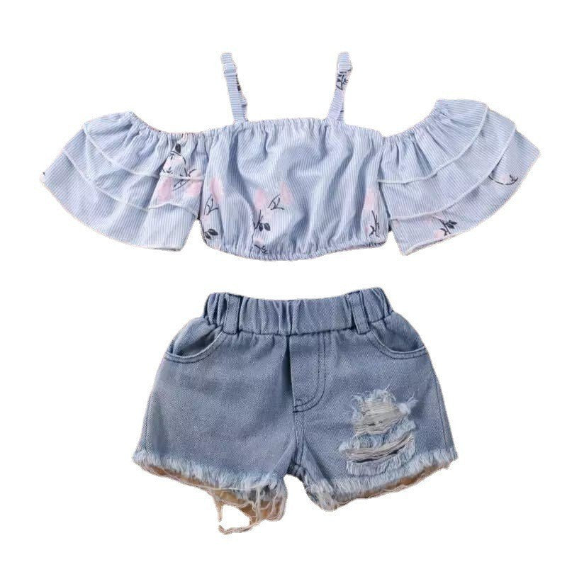 Children's Light Purple Printed Suspender Denim Shorts Suit