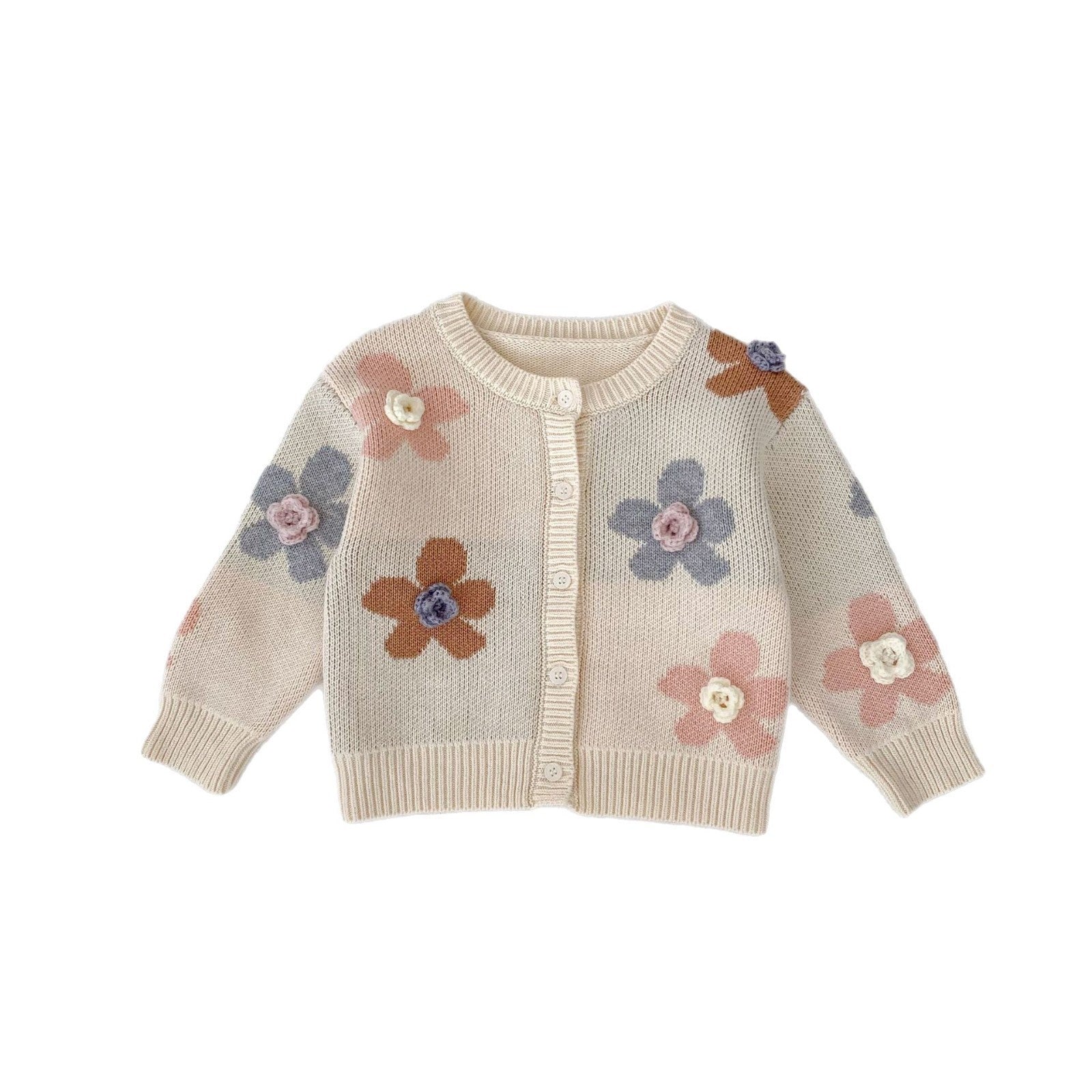 Hand Crocheting Flower Jacquard Round Neck Cardigan Knitted Coat