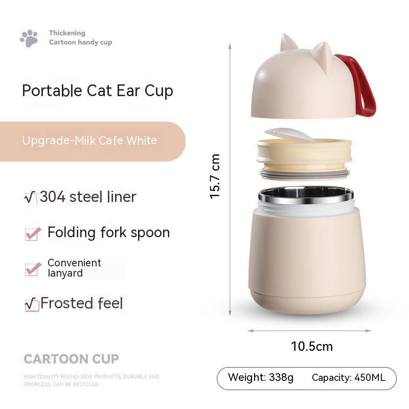 304 Stainless Steel Cartoon Cat Ear Insulation Soup Cups With Cover Spoon