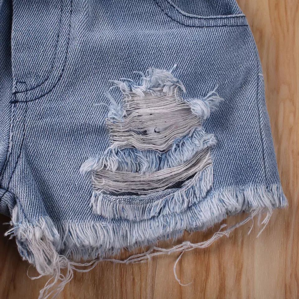 Children's Light Purple Printed Suspender Denim Shorts Suit