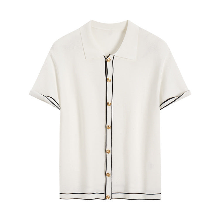 Simple Cardigan Contrast Color Lapels Old Money Style All-match