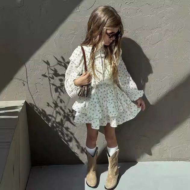 Girls' Autumn Floral Lace Shirt Tiered Skirt Children Two-piece Set