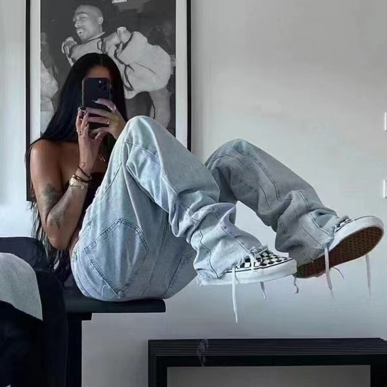 Men's And Women's Patchwork Frayed Straight-leg Jeans