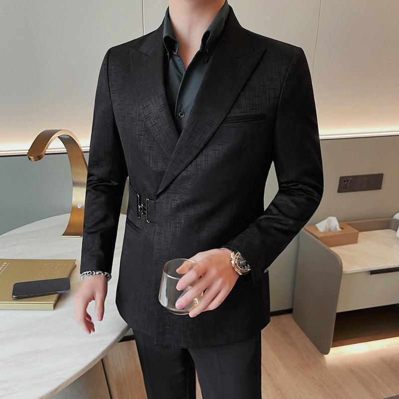 Men's Suit Metal Buckle Design Gun Collar Jacket