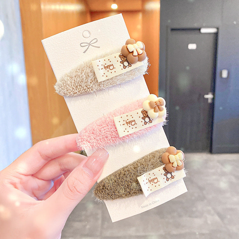 Children Cartoon Plush Bear Hairpin 3 Sets