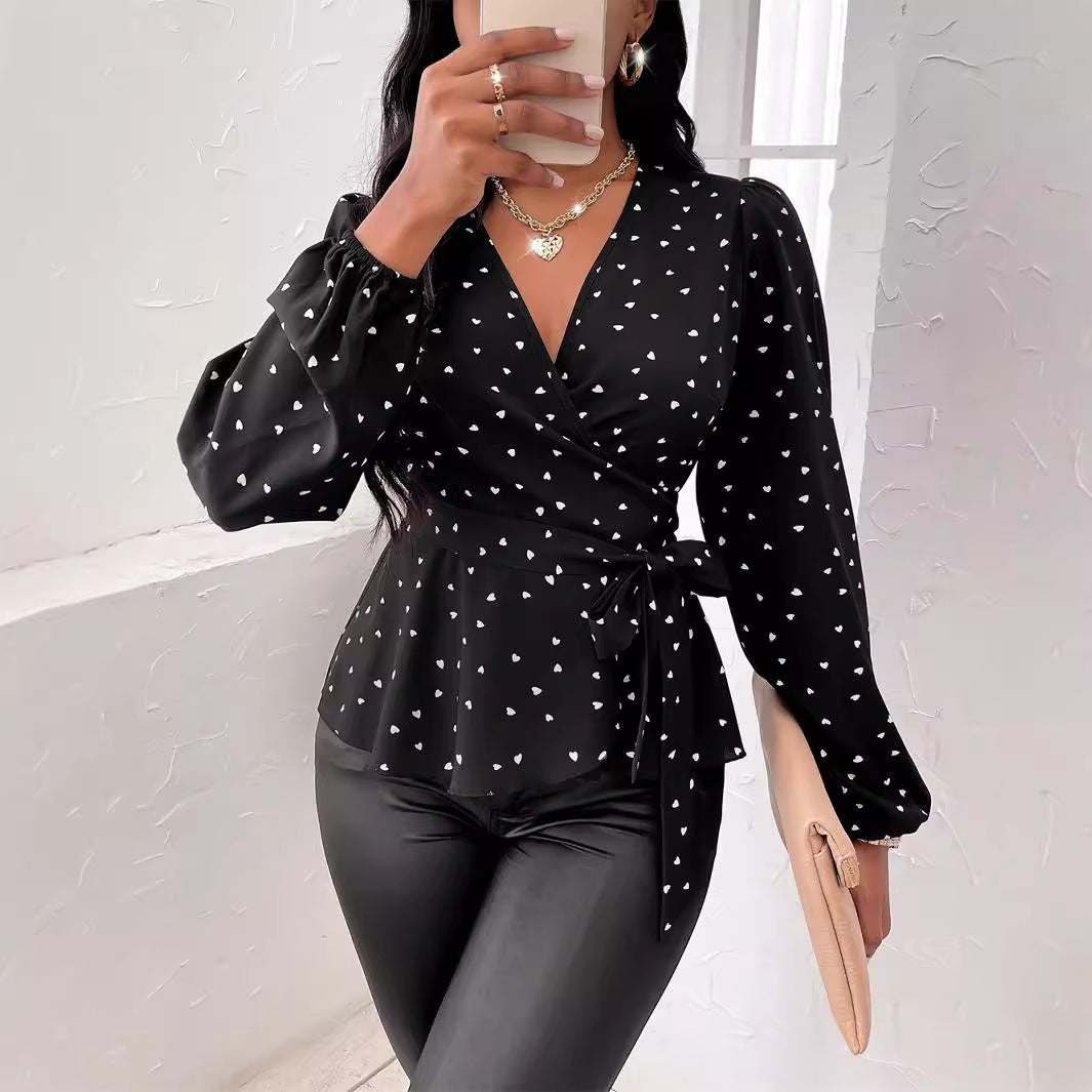 Women's V-neck Heart Shape Printed Cross Collar Drawstring Shirt