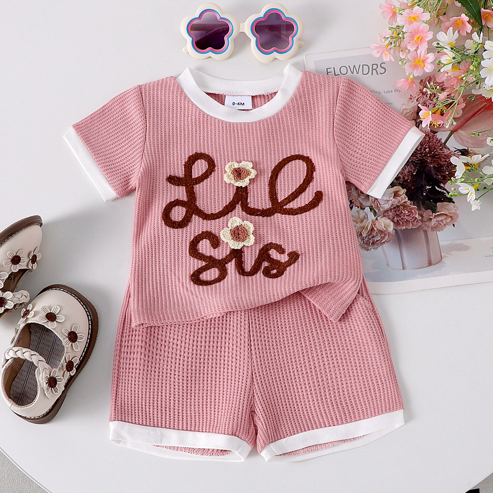 Waffle Towel Embroidery Flower Suit